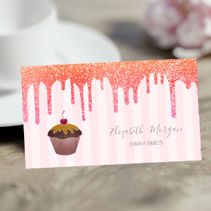 Cartão De Visita Elegante Cupcake de Listras Rosa com Cereja