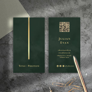 Cartão De Visita Elegante Dark Emerald Green e Dourado código Qr