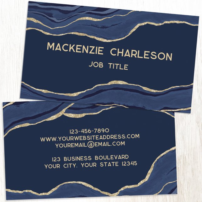 Cartão De Visita Elegante de Glitter Dourado do Agato Azul do Mármo (Navy blue agate marble geode with gold details.  Modern elegant personalized business cards.)