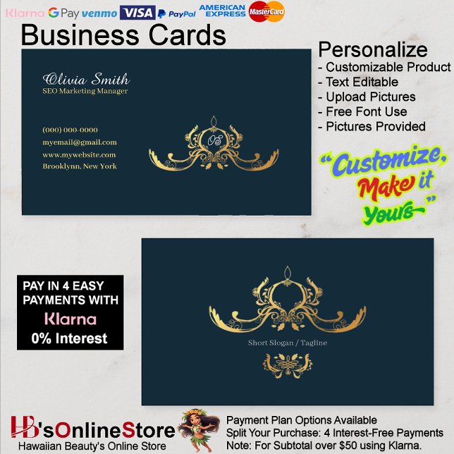 Cartão de visita elegante de Marinho personalizáve (Customizable Navy Elegant Business Card 15.)