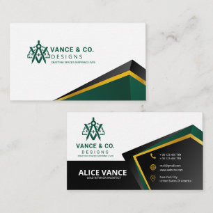 Cartão De Visita Elegante Design de Interiores Verde Dourado Preto