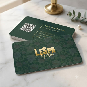 Cartão De Visita Elegante Design de Luxo Floral Verde Escuro Dourad