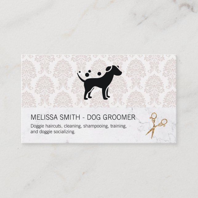 Cartão De Visita Elegante Dog Groomer | Damask Marble Chic (Frente)