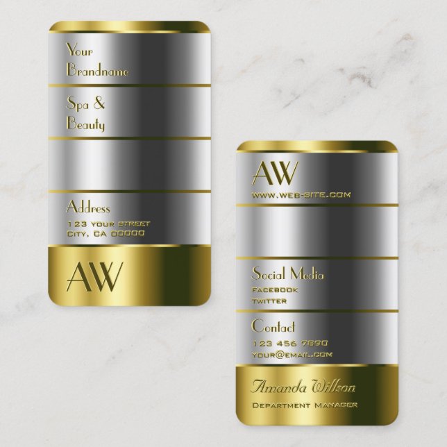 Cartão De Visita Elegante Dourado e Prata com Monograma Vertical (Frente/Verso)