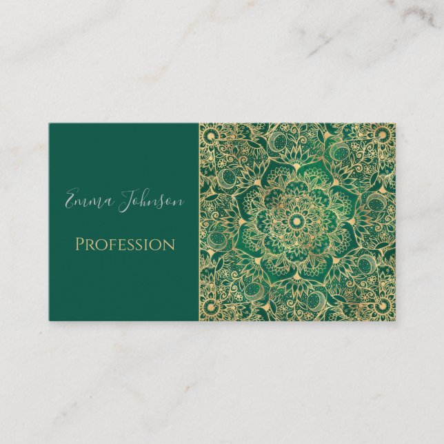Cartão De Visita Elegante Dourado Floral Mandala Green Design (Frente)