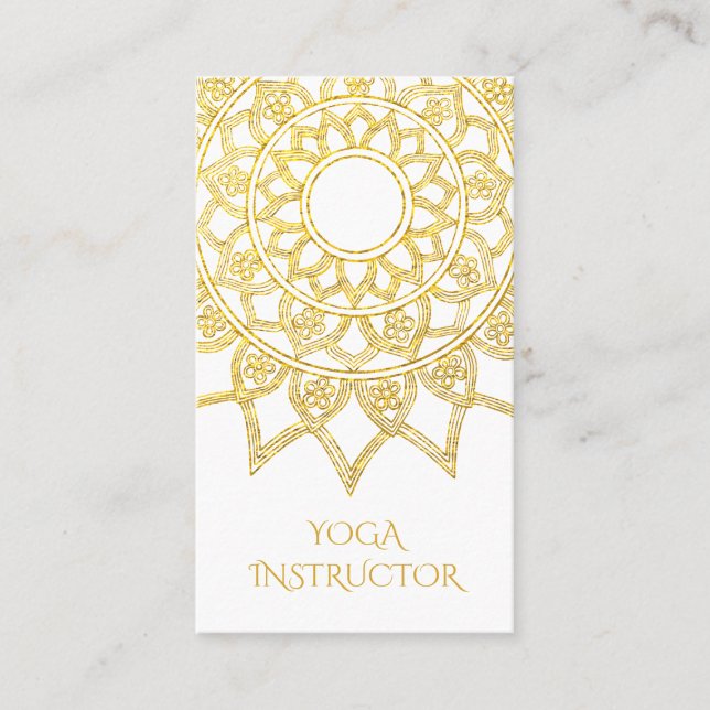 Cartão De Visita Elegante Dourado Instrutor Floral Mandala Yoga (Frente)