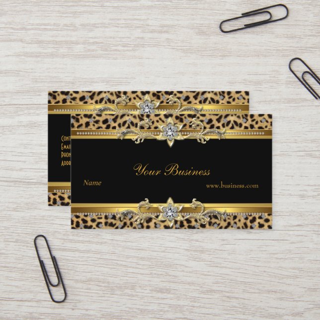Cartão De Visita Elegante Dourado Leopardo Negro Elegante (Frente/Verso In Situ)