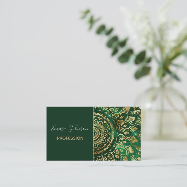 Cartão De Visita Elegante Dourado Mandala Floral Verde (Em pé/Frente)