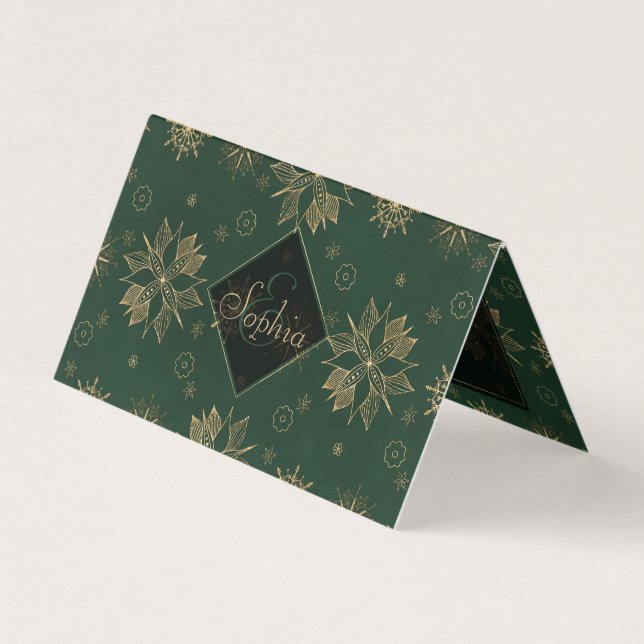 Cartão De Visita Elegante Dourado Poinsettias Snowflakes Design (Frente)