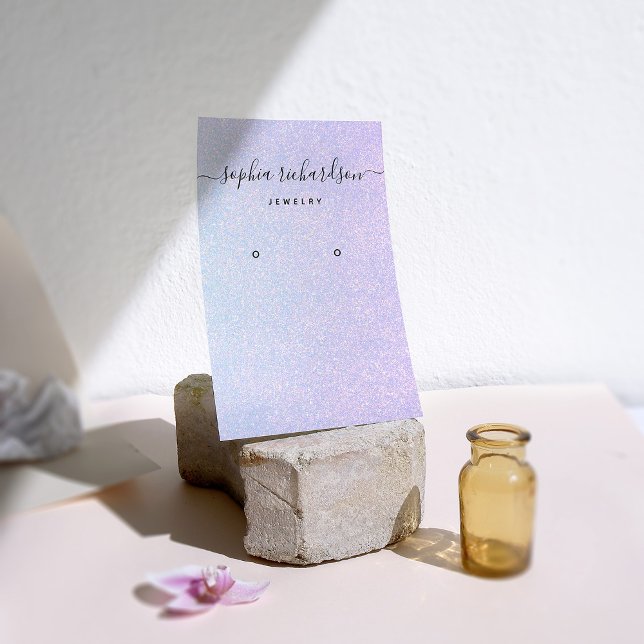 Cartão De Visita Elegante Dreamy Pastel | Placa de Vídeo de Velas (A dreamy, pastel colored earring display card with a glitter look)