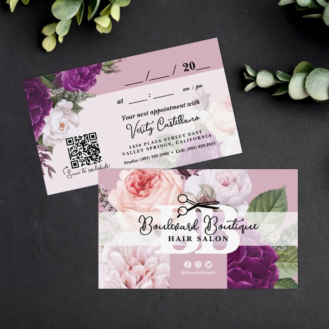 Cartão De Visita Elegante Dusty Mauve Floral Hair Nomeação QR (Criador carregado)