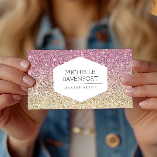 CARTÃO DE VISITA ELEGANTE EMBLEMA BRANCA EM PINK OMBRE GLITTER (Criador carregado)