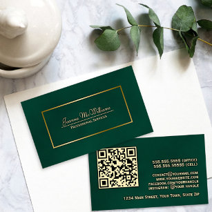 Cartão De Visita Elegante Emerald Green e Dourado código de QR prof