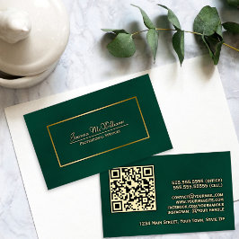 Cartão De Visita Elegante Emerald Green e Dourado código de QR prof