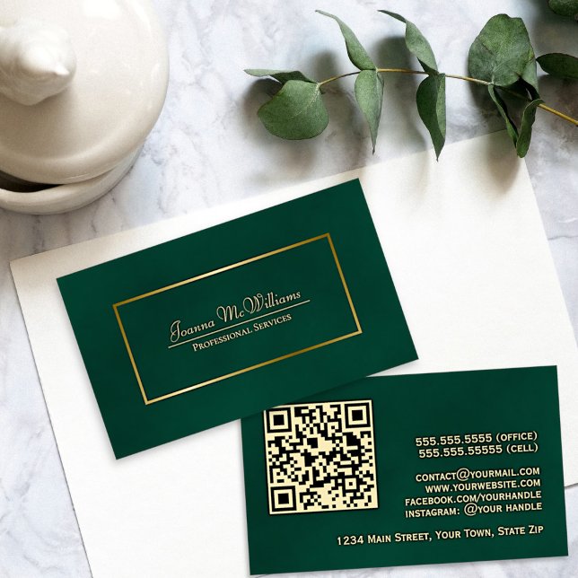 Cartão De Visita Elegante Emerald Green e Dourado código de QR prof (Front and Back)