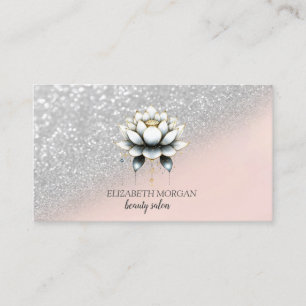 Cartão De Visita Elegante Estiloso Brilho Prateado Bokeh Lótus Rosa
