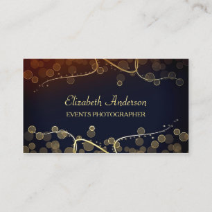 Cartão De Visita Elegante Eventos Fotógrafo Preto e Dourado Bokeh