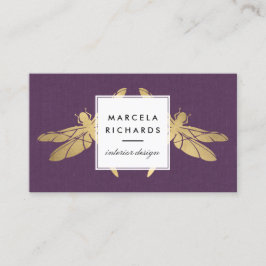 Cartão De Visita Elegante Faux Dourada Dragonfly Duo em Linen Roxo