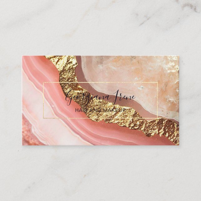 Cartão De Visita Elegante Faux Rosa Dourado Agate Marble (Frente)