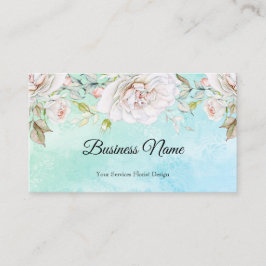 Cartão De Visita Elegante Floral Aquarela Azul Teal Rosa Branco