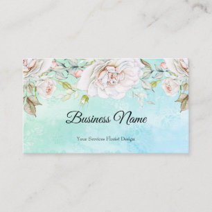 Cartão De Visita Elegante Floral Aquarela Azul Teal Rosa Branco