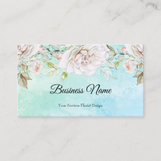 Cartão De Visita Elegante Floral Aquarela Azul Teal Rosa Branco