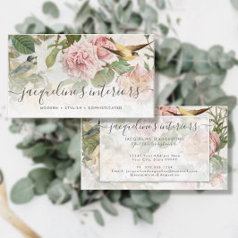 Cartão De Visita Elegante Floral Blush Pink Vintage Birds Rosas Bus