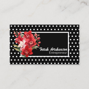 Cartão De Visita Elegante Floral de Bolinhas Preto e Branco