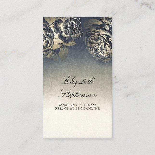 Cartão De Visita Elegante Floral de marinho e Folha de Ouro (Frente)