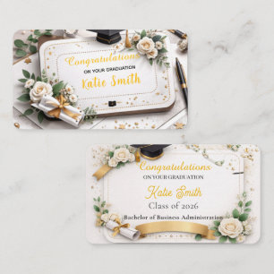 Cartão De Visita Elegante Floral Dourado Parabéns pela Formatura