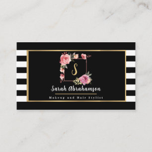 Cartão De Visita Elegante Floral Listrado Preto e Branco