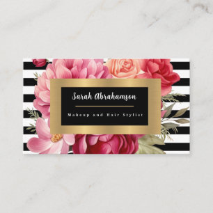 Cartão De Visita Elegante Floral Listrado Preto e Branco