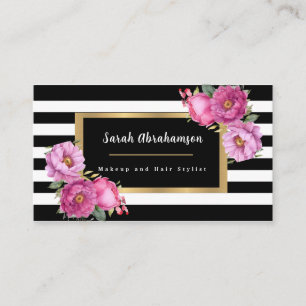 Cartão De Visita Elegante Floral Listrado Preto e Branco