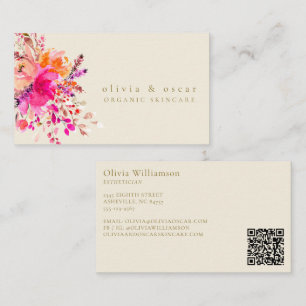 Cartão De Visita Elegante Floral Moderna em Aquarela Rosa QR