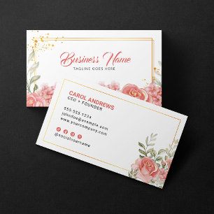 Cartão De Visita Elegante Floral Rosa Acento Dourado Botânica Verdu