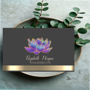 Cartão De Visita Elegante Glitter Violet Lotus Dourada Stripe Cinza