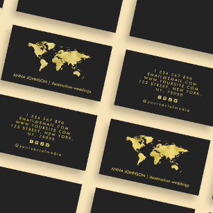 Cartão De Visita Elegante Gold Foil World Map Global Agent Viagem