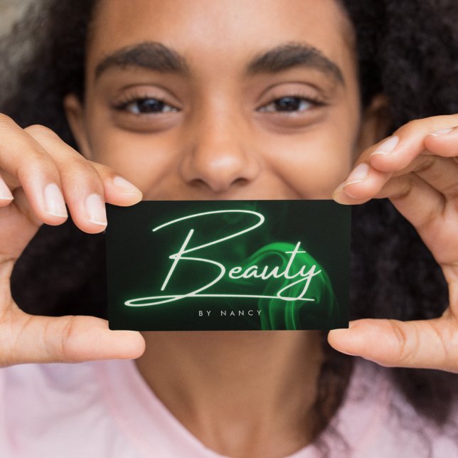 Cartão De Visita Elegante Green Neon & Smoke Beauty Salon Script (Criador carregado)