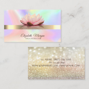 Cartão De Visita Elegante Holográfico, Bokeh Dourado, Flor de Lótus