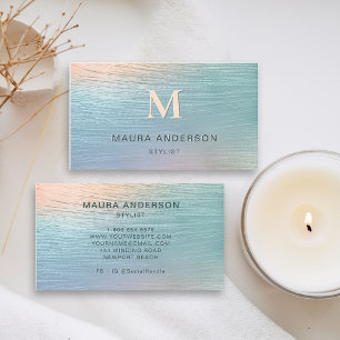 Cartão De Visita Elegante Holográfico Brugado Teal Moderno Monogram