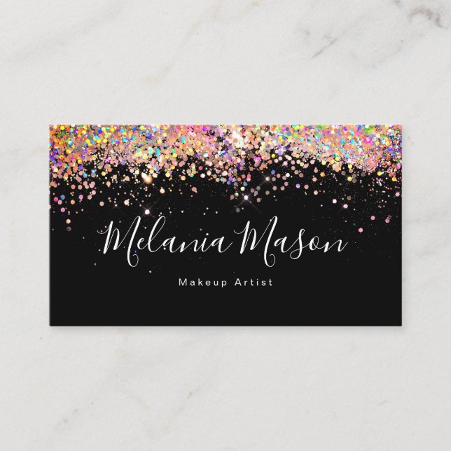 Cartão De Visita Elegante Holográfico Glitter Nail Artista Black Bu (Frente)