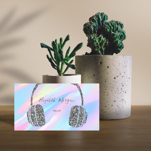 Cartão De Visita Elegante Holográfico, Silver Glitter Headphone DJ
