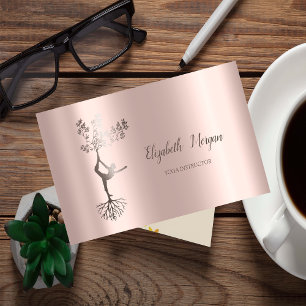 Cartão De Visita Elegante Ioga Rosa Dourado Árvore Silhueta de Mulh