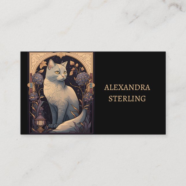Cartão De Visita Elegante Ivory Art Nouveau Feline Personalizado (Frente)