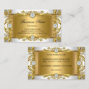 Cartão De Visita Elegante Joia Real Ornada Folha Dourada Branco Dou