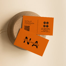Cartão De Visita Elegante Laranja Queimado Código QR Logotipo Monog