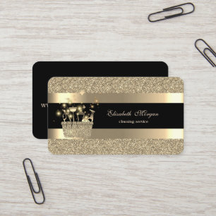 Cartão De Visita Elegante Limpeza com Faixas de Ouro Preto Brilhant