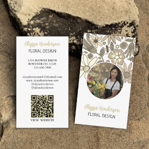 Cartão De Visita Elegante Logotipo de Código QR de Foto Floral Bege