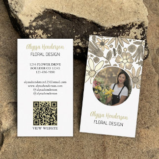 Cartão De Visita Elegante Logotipo de Código QR de Foto Floral Bege