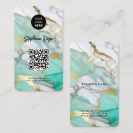 Cartão De Visita Elegante Logotipo de Mármore Verde Dourado & Códig